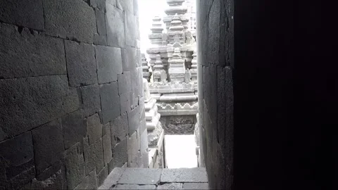 View from Vishnu Temple Cell, Arch Gate Pinnacles, Prambanan, Java, Indonesia Stock Footage 249750681