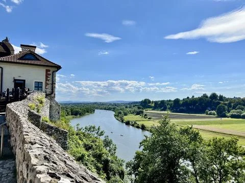 View of the Vistula River and fields from the Benedictine Abbey wall in Tyniec Stock Photos
