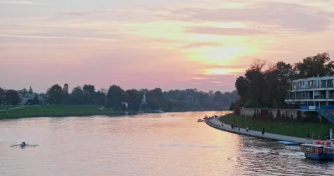 View of Vistula River in Cracow, sunset Stock Footage 146513745