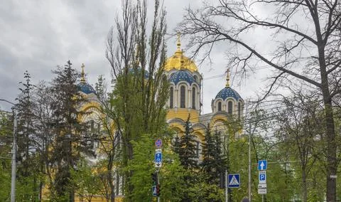 View of Vladimir Cathedral surrounded by spring trees Stock Photos
