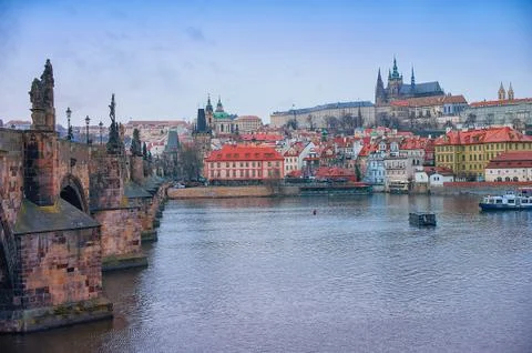 View of the Vltava, Charles Bridge and Mala Strana in Prague. Stock Photos