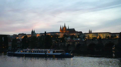 View of Vltava river with Charles bridge and Prague castle, Czech Republic Stock Footage 51455476