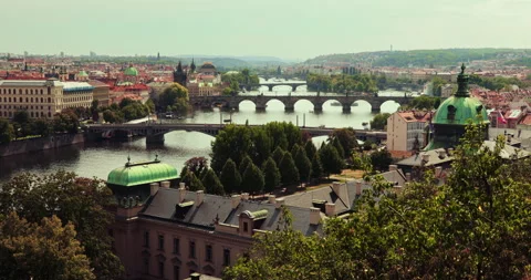 View of Vltava River with Charles Bridge in Prague. Vintage colour correction. 库存影片 342821693