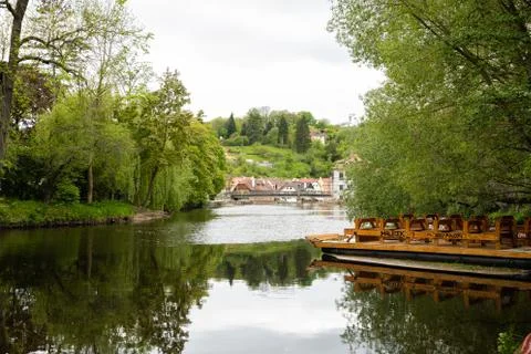 View of the Vltava River flowing through the town of Cesky Krumlov with the f Stock-Fotos