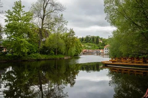 View of the Vltava River flowing through the town of Cesky Krumlov with the f Stock-Fotos