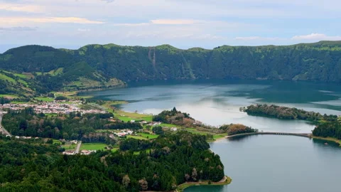 View of Volcanic Craters Turned Lakes, Azores Portugal Stock Footage 315894601