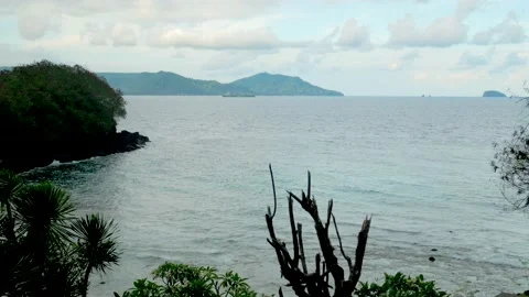 View on volcano behind sea Stock Footage 158097426