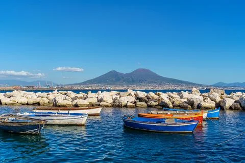 View of Volcano Vesuvius view from seafront of Naples, Italy Stock Photos