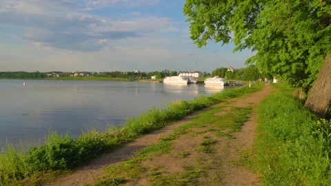 View of Volga River in Uglich, Yaroslavl region, Russia, with cruising ferries Stock Footage 314487003