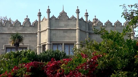 View of Vorontsov Palace through terraces curled with wild grapes. Stock Footage 106857837