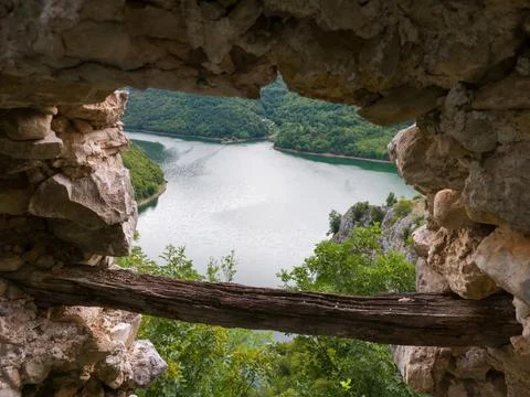 View of Vrbas river from window of old Bocac castle near Banja Luka Stock Photos