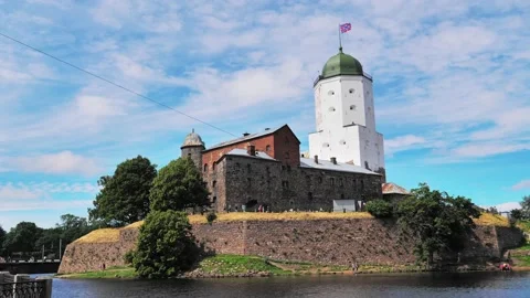 View of Vyborg castle. Medieval Swedish stronghold set on an island. Video stock 234802715