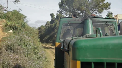 View from a wagon of old-style train. Grass, bushes and unusual tree. Stock Footage 37777929