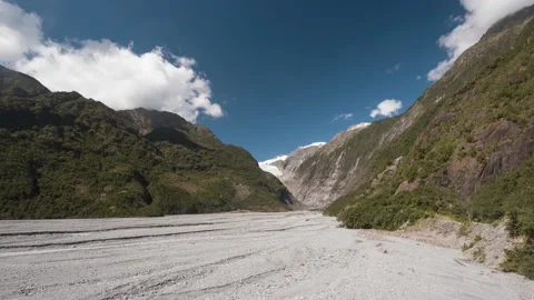 View up the Waiho River valley towards the Franz Josef glacier, New Zealand. Stock Footage 205791753