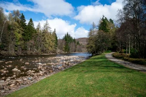 A view of walk path and Dee river in Balmoral Castle estate, Scotland Stock Photos