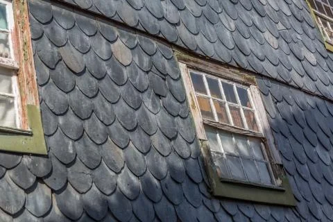 View of wall lined with slate-shaped fish scales, from a ruined building Stock Photos