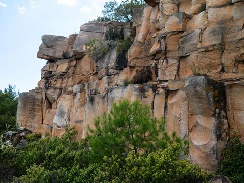 View on a wall of rocks on a mountain surrounded by trees Stock Photos