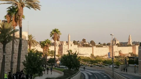 View on The Walls of Jerusalem and Tower of David in the afternoon time Stock Footage 79414685