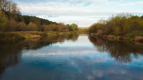 A View of the Warta River Lined with Colorful Autumn Trees Video stock 330027272