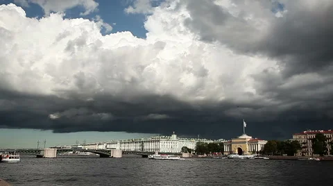View from warter to the Hermitage with drmmatic clouds Stock Footage 62843576