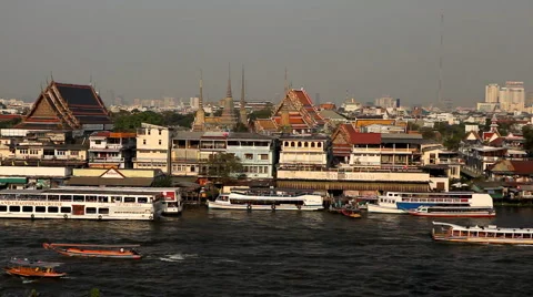 View to Wat Arun from the Chao Phraya River, Buddhist Temple, Thailand Stock Footage