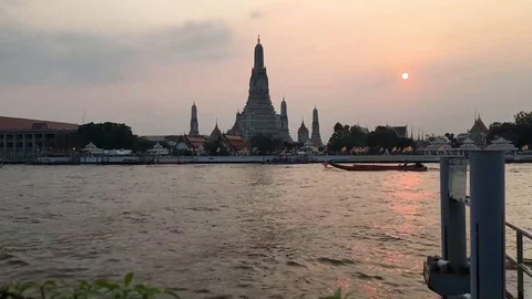 View Of Wat Arun Is A River In The Evening Twilight In Bangkok, Thailand. Stock Footage 92438014