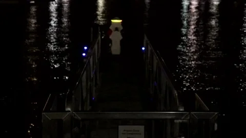 View of Water and Private Dock, North Cove Marina at Night, Brookfield Place Stock Footage 152431062