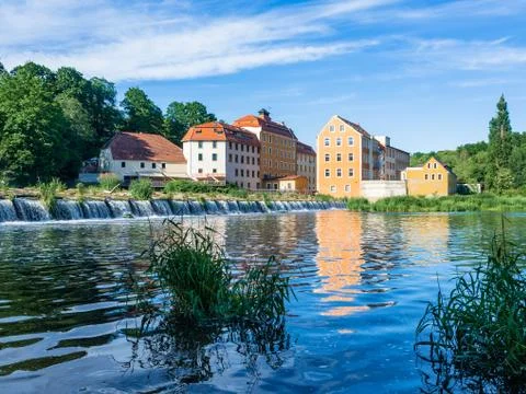 View on water threshold and Upper Mill in Goerlitz. 写真素材