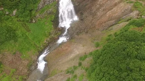 View of the waterfall from the bird's flight. Waterfall Aerial Video Stock-Footage 72653825