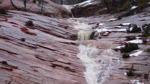 View of waterfall during the rain in Zion National Park Stock Footage 229296761