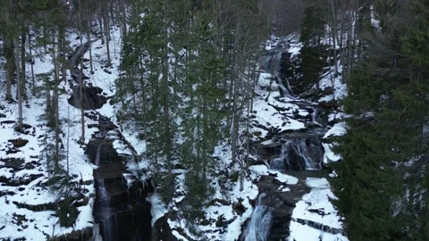 View of a waterfall during winter. Cold and frost in the forest Stock Footage 264273138