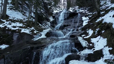 View of a waterfall during winter. Cold and frost in the forest Stock Footage 264274322
