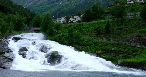 View of waterfall in Hellesylt, Noirway Stock Footage 142824732