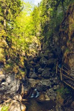 View at waterfall path along mountain stream. Tourist spot. Travel destination Stock-Fotos