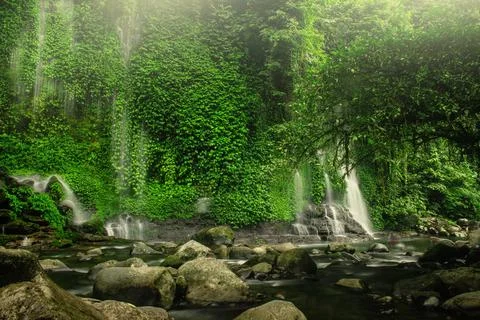 View of a waterfall in a protected forest area in Indonesia in North Bengkulu Stock Photos