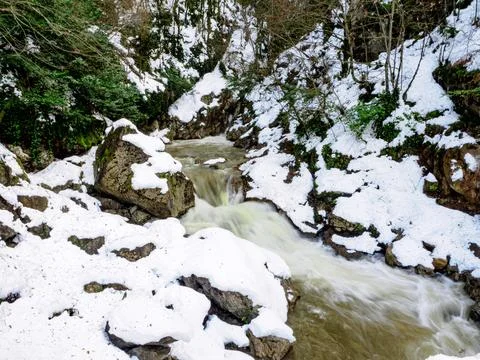 View of the waterfall in winter Stock Photos