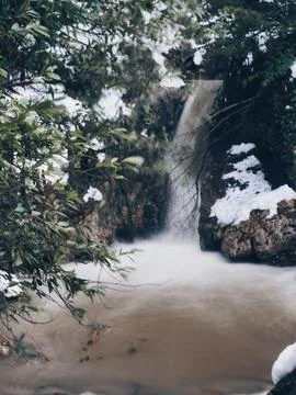 View of the waterfall in winter Stock Photos