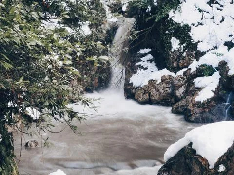 View of the waterfall in winter Stock Photos