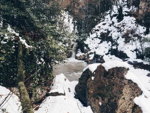 View of the waterfall in winter Stock Photos
