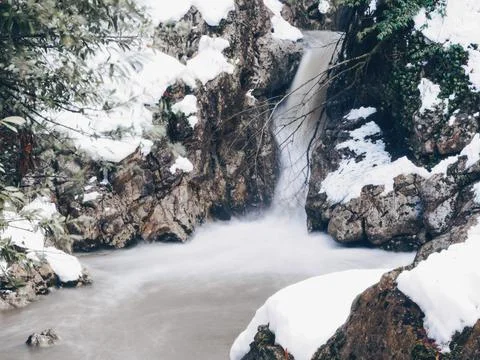 View of the waterfall in winter Stock Photos