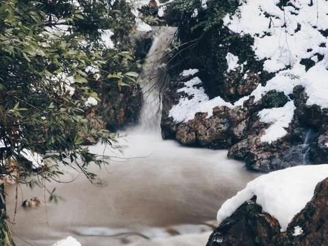 View of the waterfall in winter Stock Photos