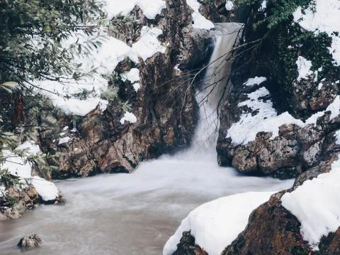 View of the waterfall in winter Stock Photos