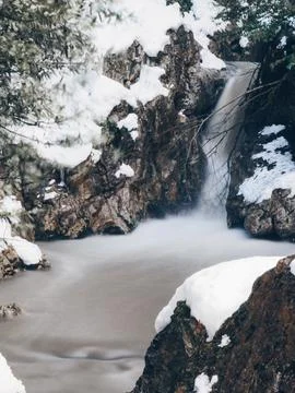 View of the waterfall in winter Stock Photos