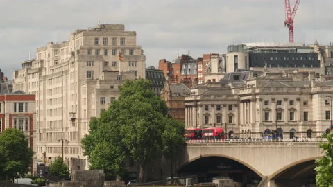 View of Waterloo Bridge and historic buildings. London, United Kingdom. Stock Footage 201960293