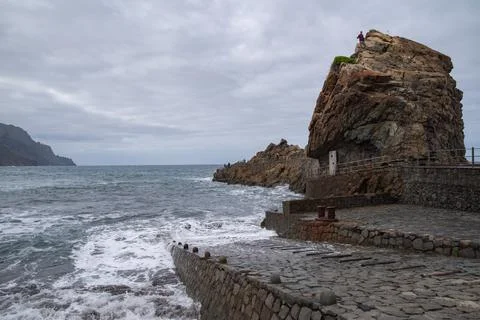 View to waves on Roque de Las Bodegas cliff.  Taganana, Tenerife Island. Stock Photos