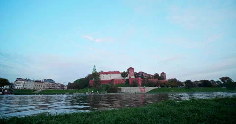 View of Wawel Castle and Vistula River in Cracow, Sunset Stock Footage