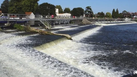 A view of the weir on The River Thames at Marlow in Buckinghamshire, UK Stock Footage 114980758