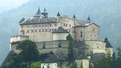 View to Werfen Castle from the forest in the east, Salzburg, Austria, Europe Stock Footage 315745948