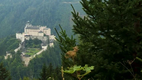 View to Werfen Castle from the forest in the east, Salzburg, Austria, Europe Stock Footage 315745971