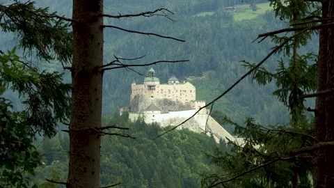 View to Werfen Castle from the forest in the west, Salzburg, Austria, Europe Stock Footage 315666708